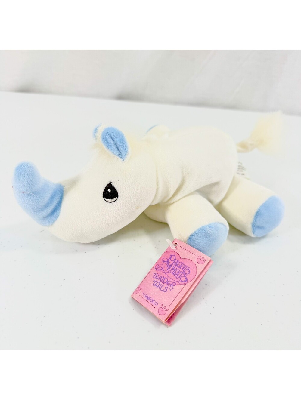 1998 Precious Moments Tender Tails White Blue Rhino Plush Bean Bag 358312 Enesco